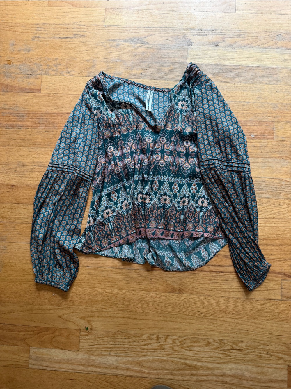 Anthropologie Teal and Pink Patterned Boho Peasant Blouse